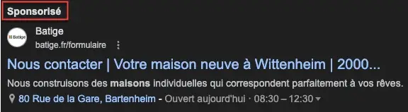 Annonce Google Ads sur desktop - exemple de resultat sponsorise