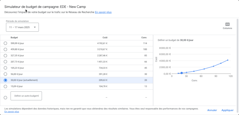 Simulateur de budget Google Ads - outil Performance Planner