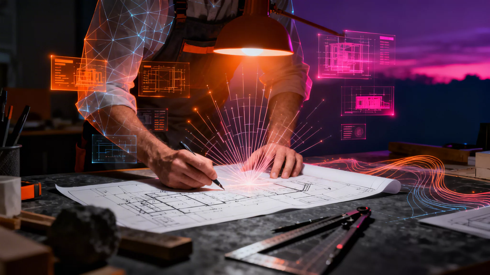 Architecte dessinant des plans sur une table, entouré de projections holographiques numériques de schémas architecturaux
